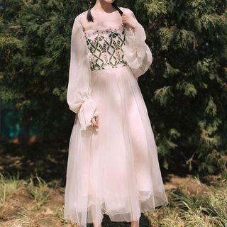 Set: Flower Embroidered Spaghetti Strap Midi A-line Dress + Open Front Light Jacket