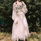 Set: Flower Embroidered Spaghetti Strap Midi A-line Dress + Open Front Light Jacket