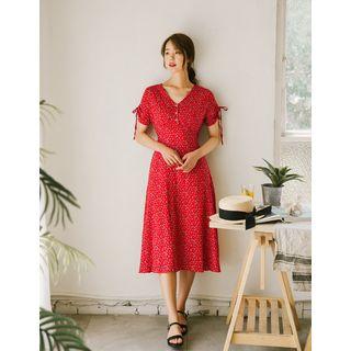 Drawcord-sleeve Floral A-line Long Dress