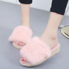 Furry Trim Platform Espadrille Slide Sandals