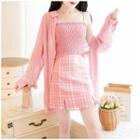 Set: Long-sleeve Sheer Shirt + Spaghetti Strap Top + Fitted Plaid Mini Skirt