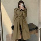 Lapel Loose-fit Trench Coat With Belt Khaki - One Size
