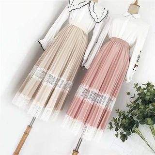 Lace Panel Midi A-line Pleated Skirt