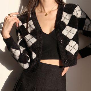 Color-block Argyle V-neck Long-sleeve Cardigan