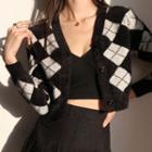 Color-block Argyle V-neck Long-sleeve Cardigan