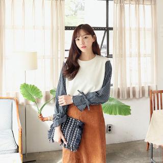 Striped-sleeve Brushed-fleece Top