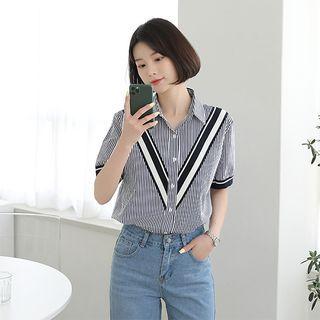 Short-sleeve Stripe Shirt Navy Blue - One Size