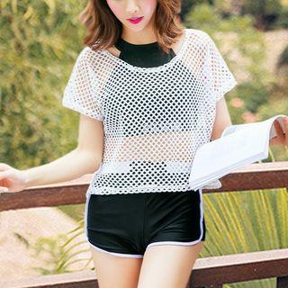 Set: Lettering Tankini Top + Swim Shorts + Short-sleeve Mesh Top