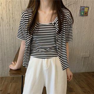 Set: Striped Camisole Top + Short-sleeve Cardigan