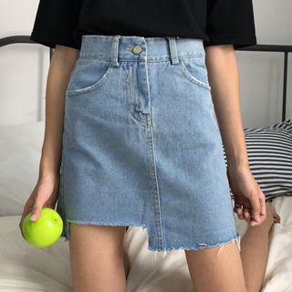 Fringe Hem Mini Denim Skirt