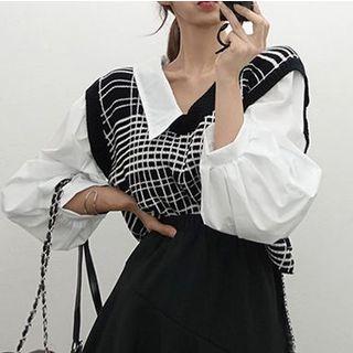 Mock Two-piece Knit Panel Shirt As Shown In Figure - One Size