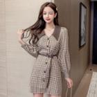Long-sleeve Checked Buttoned Wide-collar Mini A-line Dress