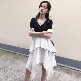 Short-sleeve Tiered A-line Dress As Shown In Figure - One Size