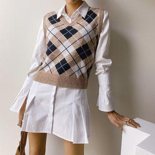Argyle Print Knit Sweater Vest Khaki - One Size