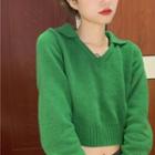 Long-sleeve Open-collar Cropped Knit Top Green - One Size
