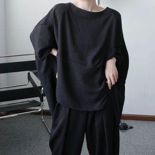 Elbow-sleeve Plain Asymmetrical Hem T-shirt