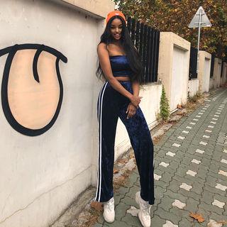 Set: Contrast-trim Velvet Tube Top + Band-waist Pants