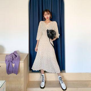 Bishop-sleeve Pleated Long Floral Dress