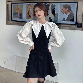 Long-sleeve Collar Mock Two-piece Mini A-line Dress