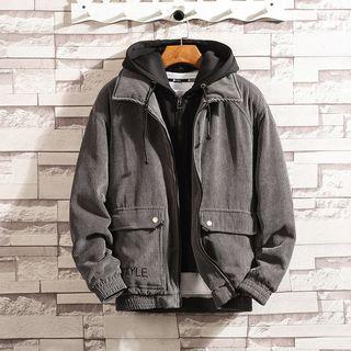 Fleece-lined Lettering Corduroy Hooded Jacket