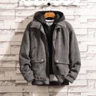 Fleece-lined Lettering Corduroy Hooded Jacket