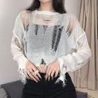 Long-sleeve Frayed Knit Crop Top