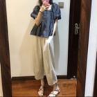 Set: Puff-sleeve Shirred Blouse + Baggy Pants
