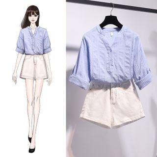 Short-sleeve Pintuck Blouse / Denim Shorts / Set