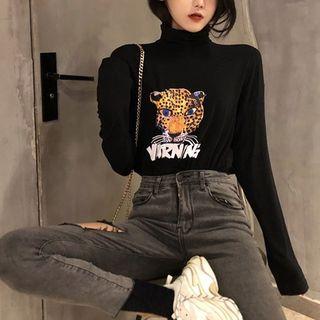 Tiger Print Turtle-neck Long-sleeve Top White - One Size