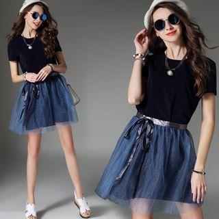 Short-sleeve Tulle-panel Dress