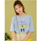 Cartoon Print Elbow-sleeve T-shirt Blue - One Size