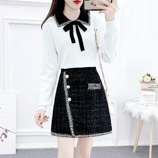 Set: Fringed Trim Polo-neck Knit Top + Tweed Mini A-line Skirt