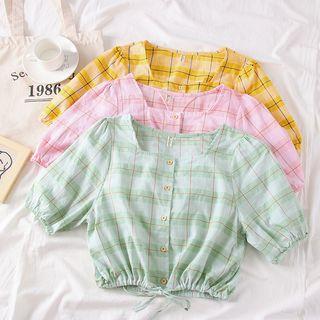 Drawstring-hem Plaid Crop Shirt