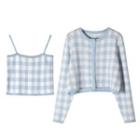Set:gingham Knit Long Sleeve Crop Cardigan+ Camisole