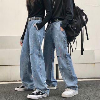 Splatter Print Distressed Straight Leg Jeans