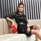 Elbow-sleeve Fringed Dress With Belt