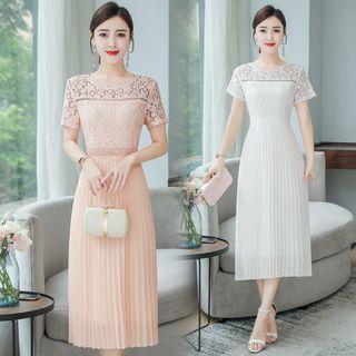Short-sleeve Midi Lace Pleated Dress