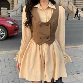 Flared-cuff Mini Shirtdress / Double-breasted Cropped Vest