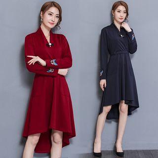 Butterfly Embroidered V-neck Long-sleeve A-line Dress
