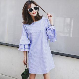 Short-sleeve Ruffle Sleeve Striped A-line Dress