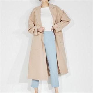 Patch-pocket Open-front Long Coat With Sash
