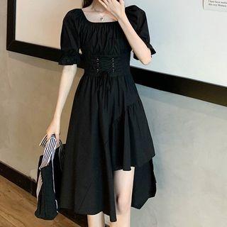 Puff-sleeve Asymmetrical Lace-up A-line Dress
