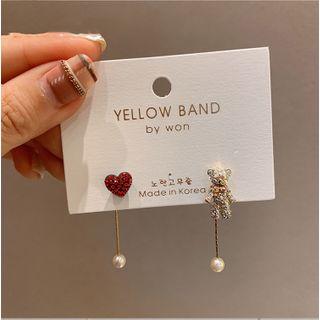 Non-matching Rhinestone Heart / Bear Faux Pearl Dangle Earring 1 Pair - My30718 - Red & Silver - One Size
