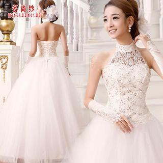 Halter Sequined Lace Wedding Ball Gown