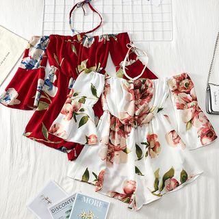 Boatneck Flower-print Halter Playsuit