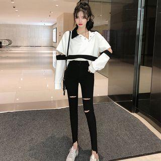 Collared Cut-out Sweater / Distressed Skinny Jeans / Set