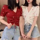 Star Embroidered Short-sleeve Cropped Knit Top