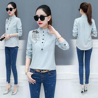 Stand Collar Embroidered Striped Top