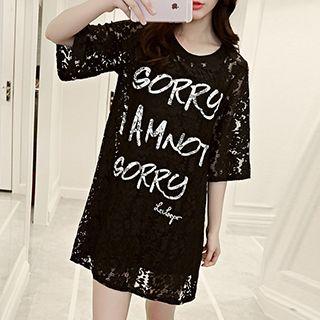 Set: Lettering Elbow-sleeve Lace Dress + Slipdress