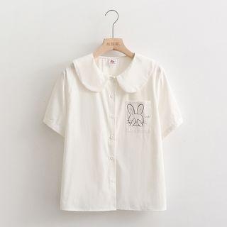 Elbow-sleeve Collar Rabbit Print Blouse White - One Size